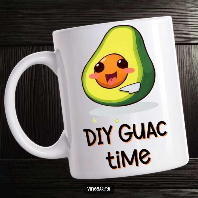 Funny, delighted avocado slicing itself with a tiny knife, on a mug.