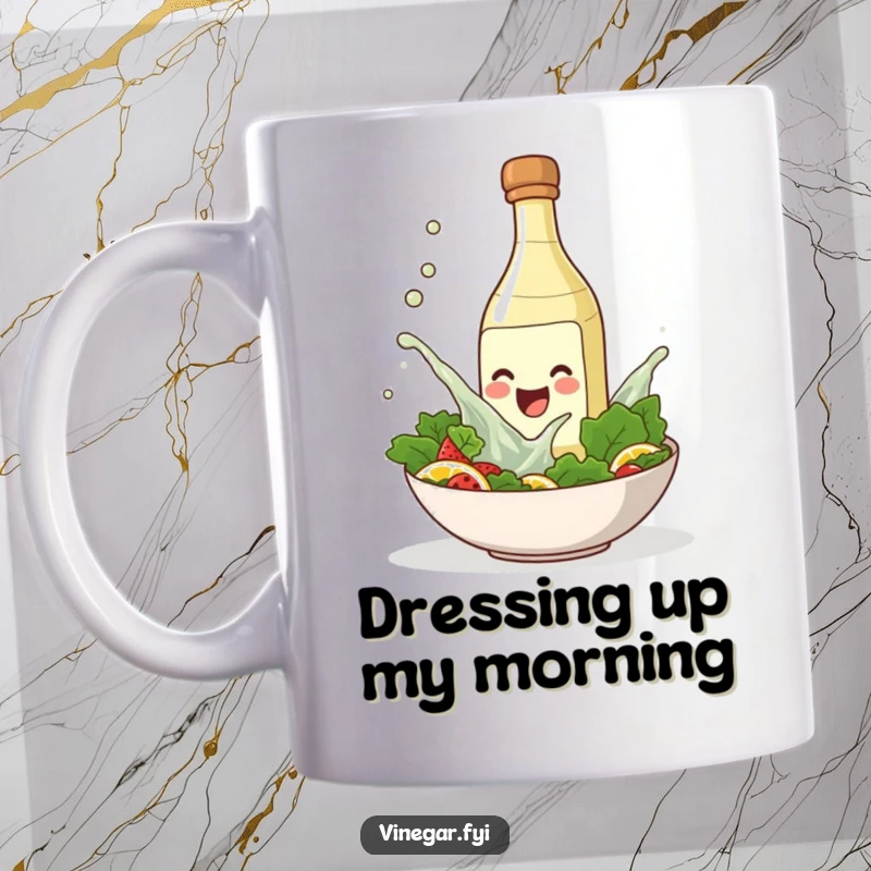 Funny mug featuring a smiling vinegar bottle playfully splashing into a salad bowl, celebrating salad dressing.