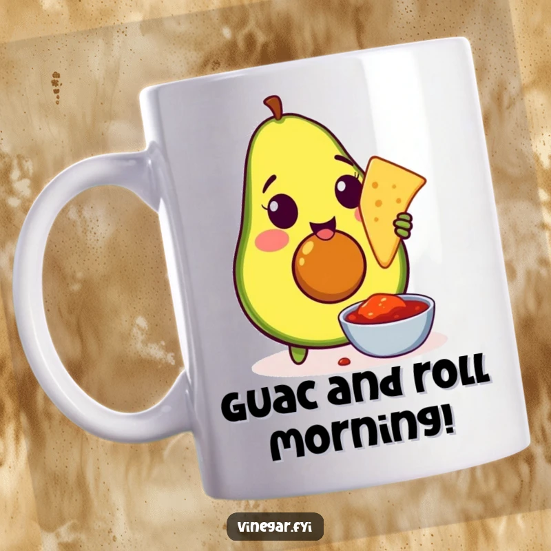 Funny mug showing an amused avocado enthusiastically dipping a tortilla chip into a salsa bowl, capturing a moment of pure snack enjoyment.
