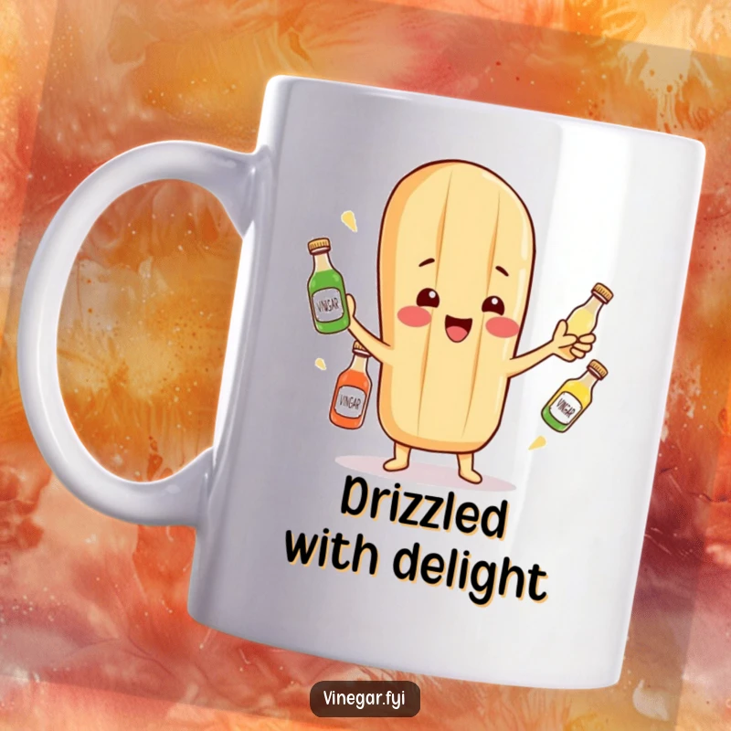 Funny mug with a cheerful baguette character skillfully juggling miniature vinegar bottles, a delightful scene.