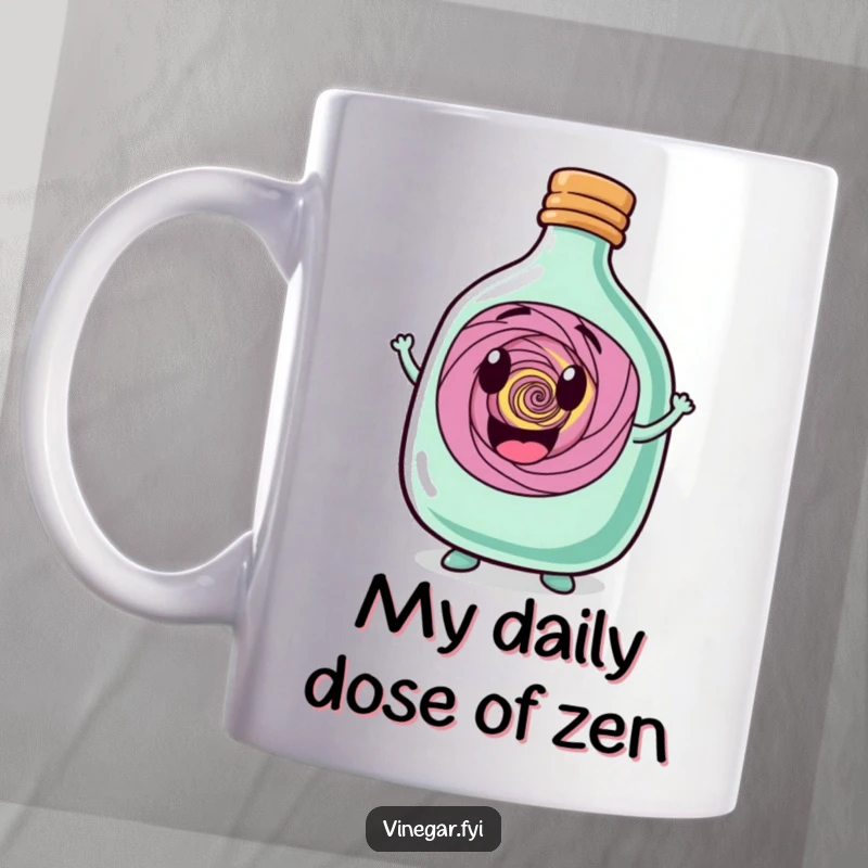 Funny, happy, squat bottle character proudly showcasing a mesmerizing swirling vortex within its transparent body, on a magical mug.