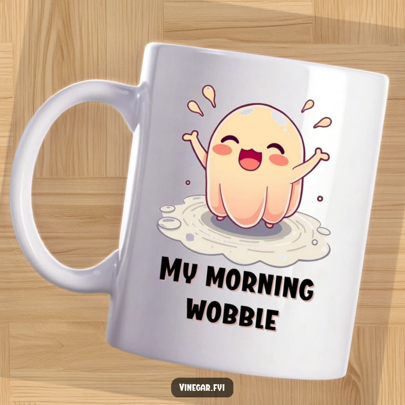 Funny Mug: A wobbly, excited jelly character bounces ecstatically, creating tiny, playful rivulets.
