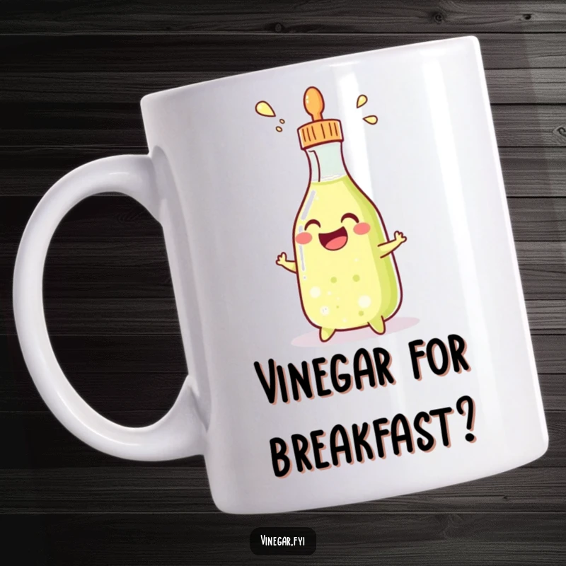 Funny condiment bottle mug grinning and squirting vinegar, personified, with a joyful, energetic vibe, great for humor lovers.
