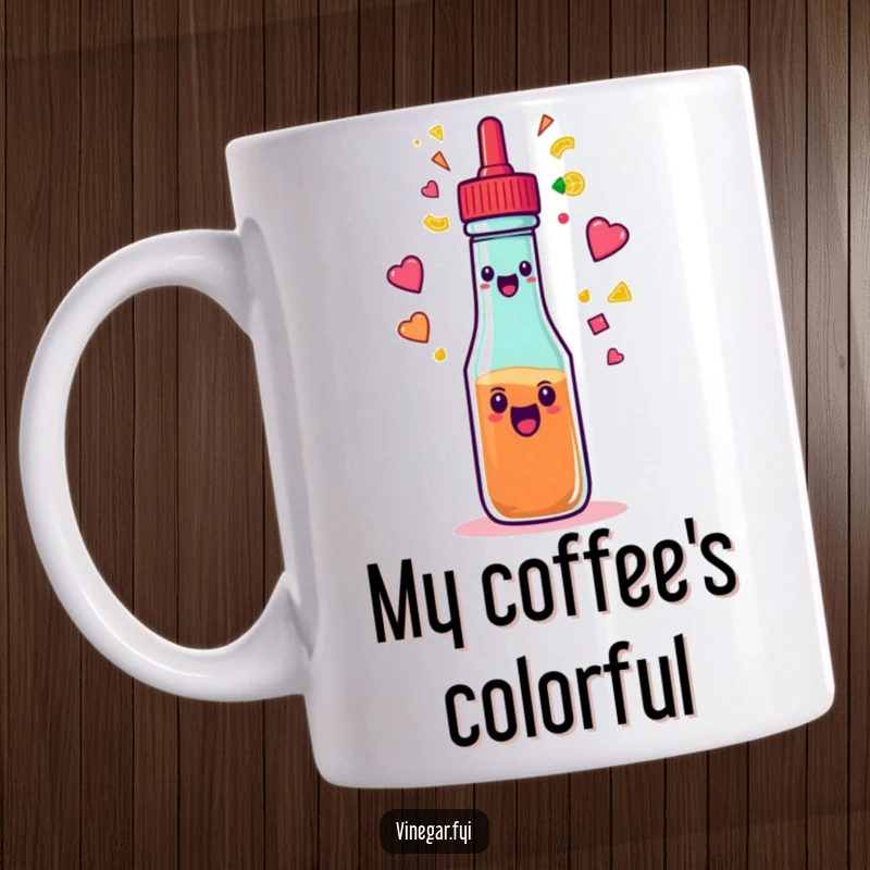 Funny excited condiment squeeze bottle spraying a rainbow of colorful shapes, depicted on a mug for a splash of humor.