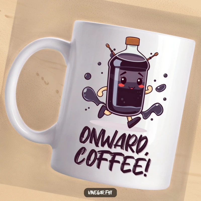 Funny determined dark liquid bottle marching forward with purpose, embodying drive and motivation, a perfect funny gift.