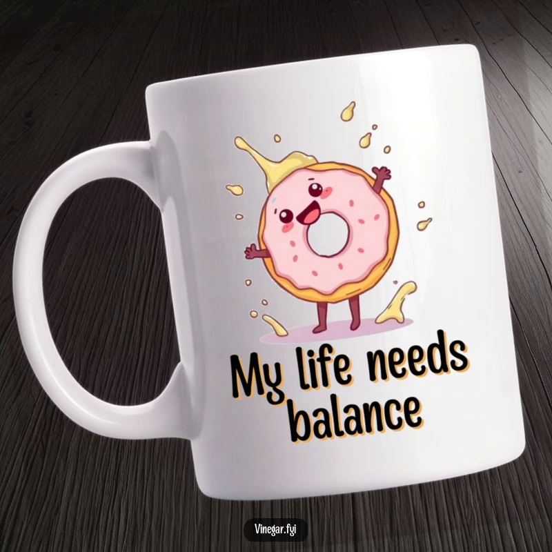 Funny donut mug with a playful donut doing a cartwheel, splashing near vinegar, a humorous and energetic design.