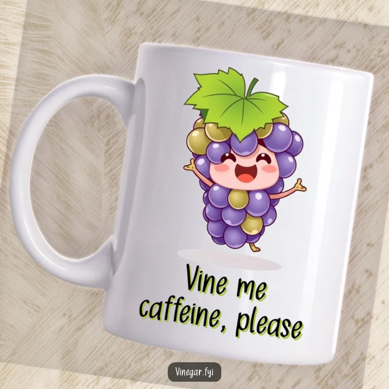 Funny grape bunch wearing a leaf hat, joyfully dancing with a silly expression, perfect for a unique mug gift.
