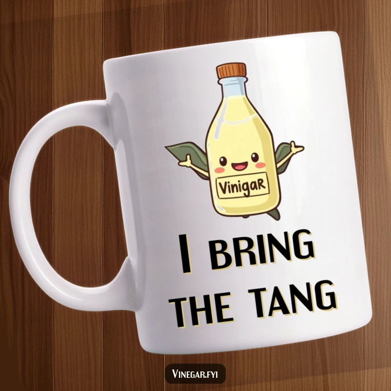 Funny Mug featuring a smiling vinegar bottle with a red cape, flying heroically like a superhero, ready to save the day.