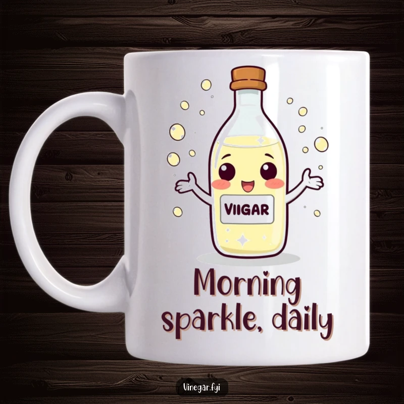 Funny Mug featuring a playful vinegar bottle character juggling tiny, sparkling droplets with a joyous and skillful expression.