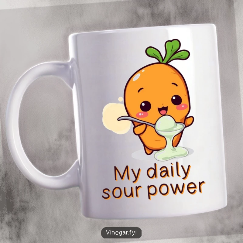 Funny mug with a small Kawaii carrot character bravely tasting vinegar from a tiny spoon, expressing a sour face, a humorous gift.