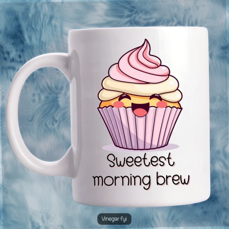 Funny kawaii cupcake excitedly frosting itself with a giggle, depicted on a mug, a sweet and funny gift idea.