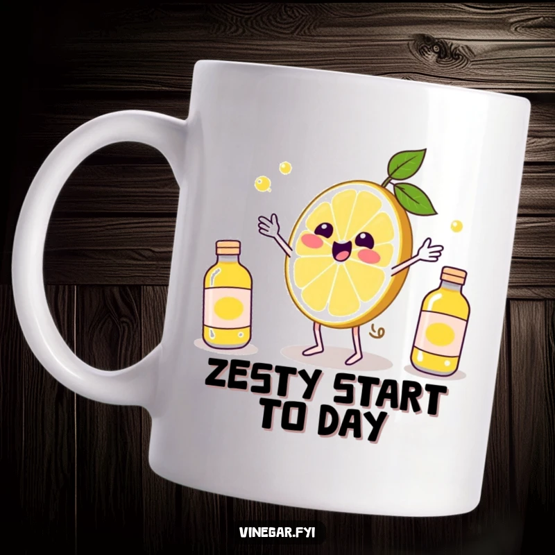 Funny Kawaii lemon slice, looking delighted, skillfully juggling small vinegar bottles on this cheerful and funny mug. Citrus humor.