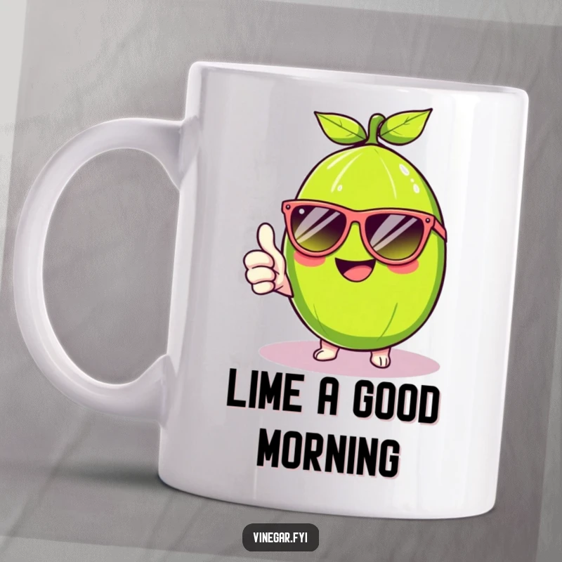 Funny Kawaii lime, wearing oversized sunglasses and beaming, gives a confident thumbs up on this cool and funny mug. Citrus chill.