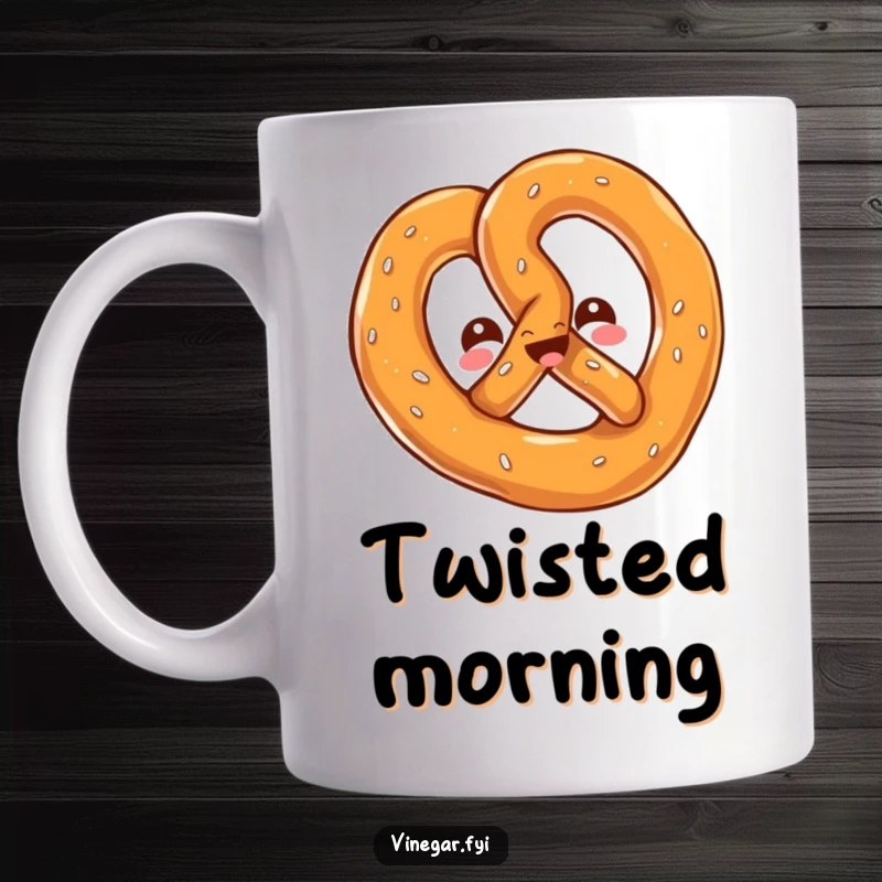 Funny mug with a kawaii pretzel twisting playfully, its cheerful, salty gleam adding a touch of quirky joy.