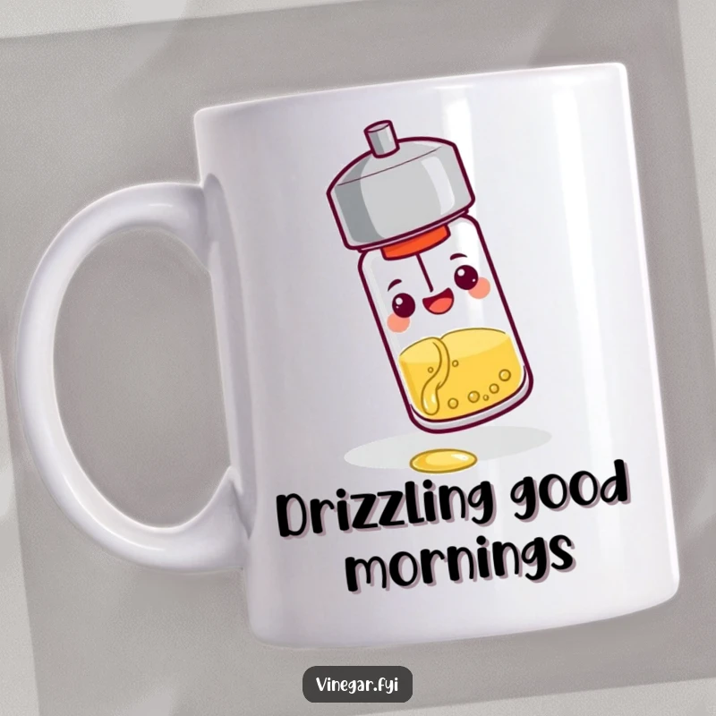 Funny mug: A cheerful pepper shaker tips over, pouring a tiny stream of vinegar, embodying a humorous take on seasoning and zest.