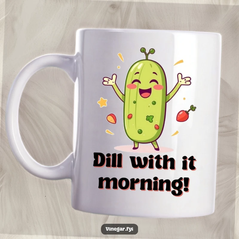 Funny mug featuring a happy pickle doing a celebratory dance amongst colorful salad ingredients, exuding pure, unadulterated joy.