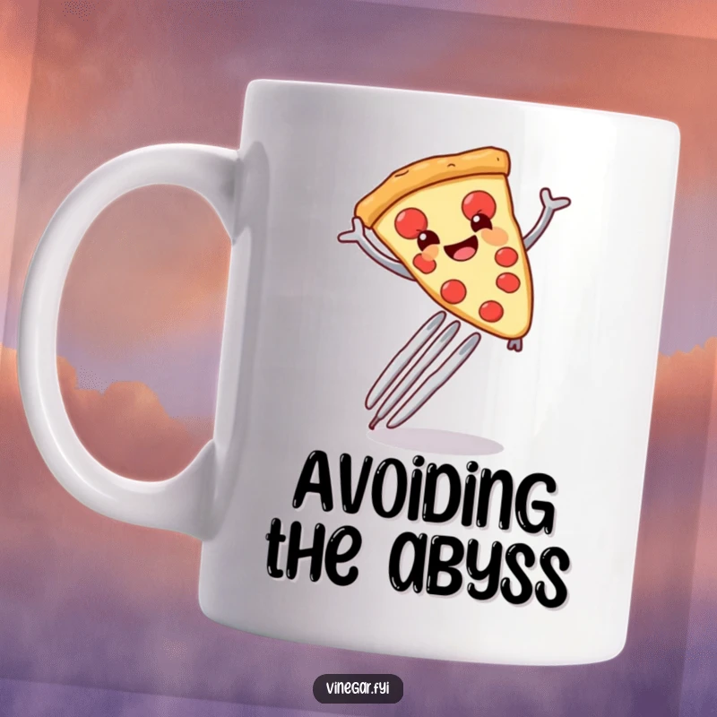 Funny smiling anthropomorphic pizza slice enthusiastically leaping over a giant fork, depicted on a fun mug.
