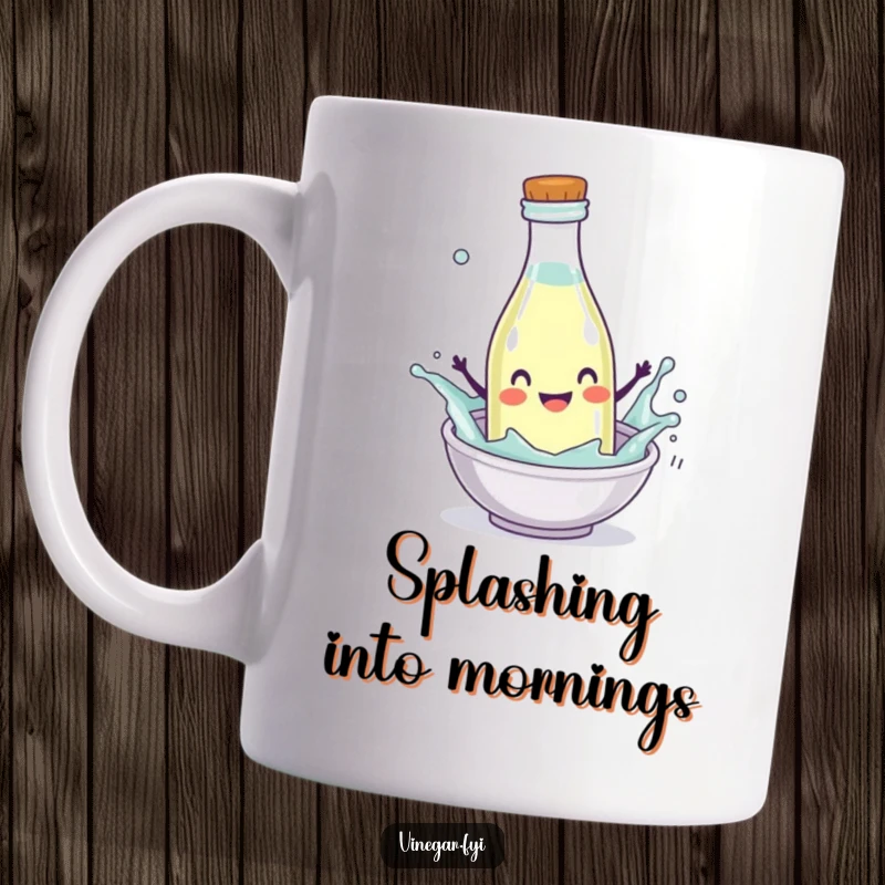 Funny Mug featuring a happy vinegar bottle character splashing enthusiastically into a mini-dish with a joyful expression.