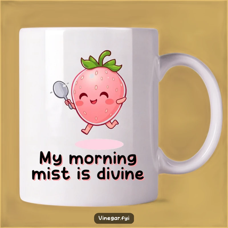 Funny Strawberry Spoon Mug: Radiant Pink Character Joyfully Leaping, Perfect Gift