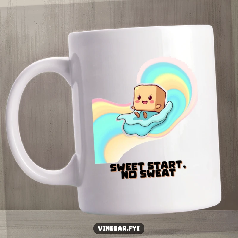 Funny smiling brown sugar cube character with tiny legs happily sliding down a colorful liquid wave, bringing sweet joy.