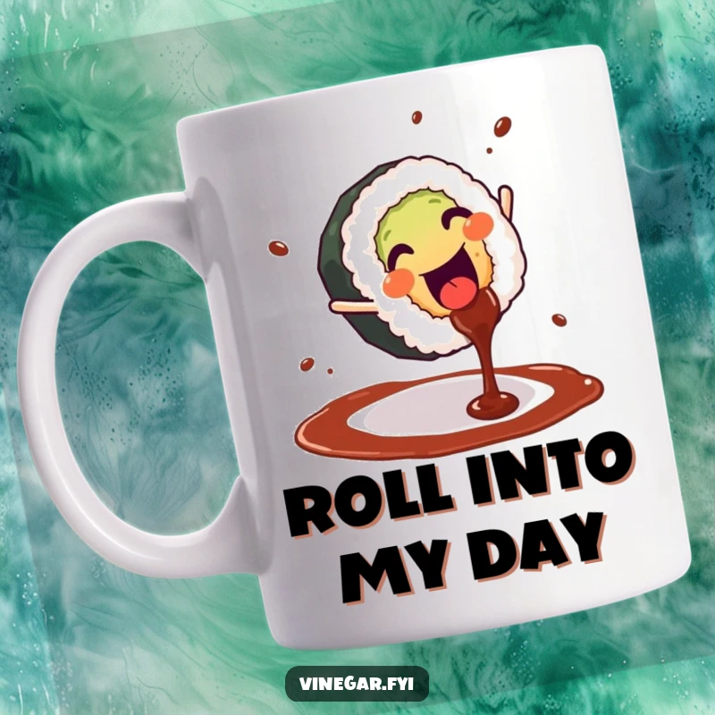 Funny mug featuring a cheerful sushi roll performing a cartwheel with soy sauce dramatically splashing around it.