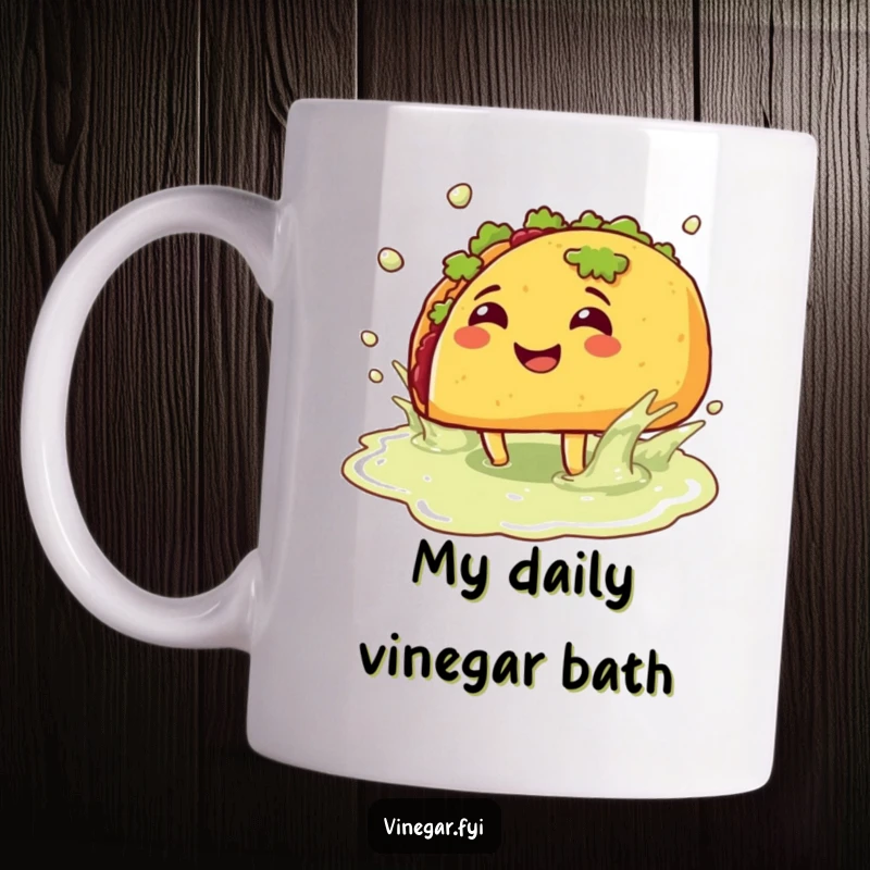 Funny mug: A smiling taco with legs gleefully splashes in a puddle of vinegar, showcasing playful chaos and a love for zest.