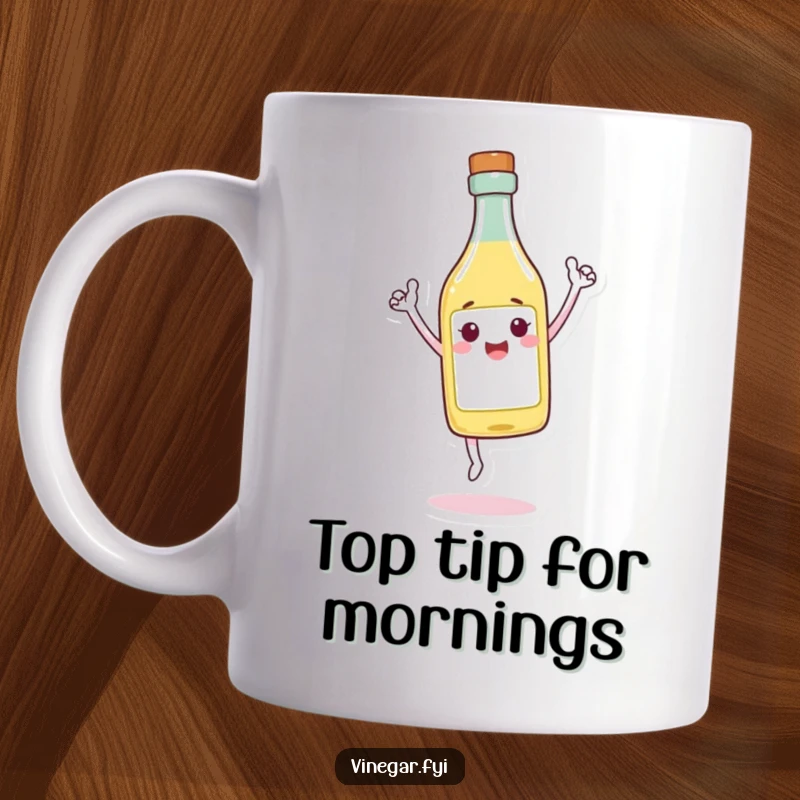 Funny Mug featuring a cheerful vinegar bottle character triumphantly balancing on its tip with a proud, victorious expression.