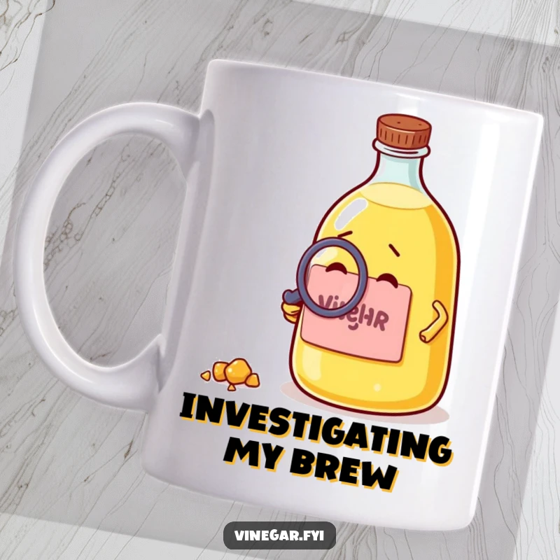 Funny mug featuring a curious vinegar bottle using a magnifying glass to intently examine a tiny crumb, showcasing investigative humor.