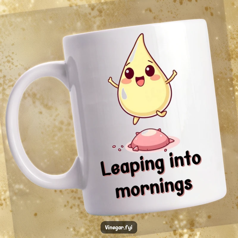 Funny mug featuring a happy vinegar drop joyfully leaping over a tiny pepper flake, showcasing playful energy and humor.