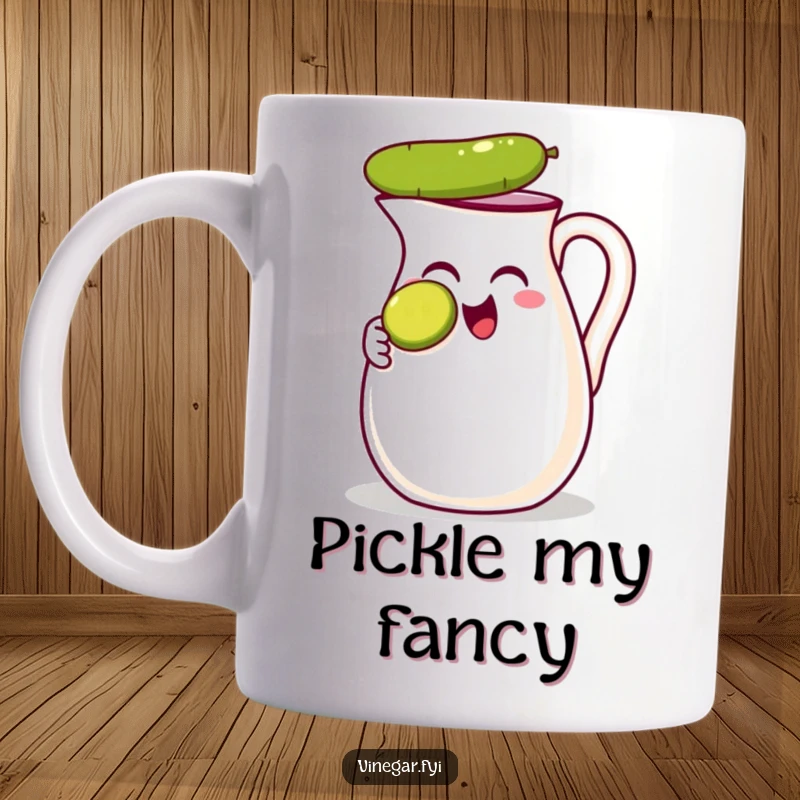 Funny mug depicting a thrilled vinegar jug precariously balancing a tiny pickle slice on its nose, showcasing comical delight.