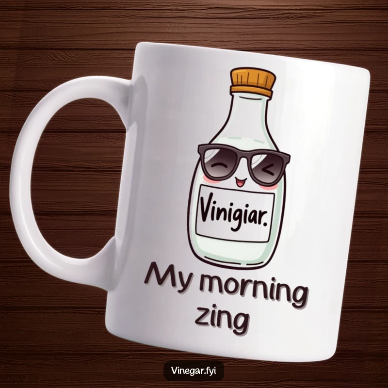 Funny mug featuring a mischievous vinegar bottle with tiny sunglasses, winking playfully, perfect for adding humor to any kitchen.