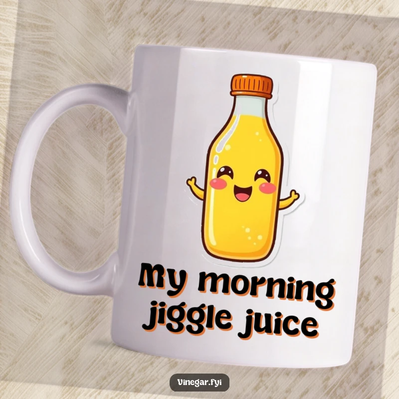 Funny yellow liquid bottle mug doing a cheerful wiggle, conveying happiness and vibrant energy, perfect for a joyful gift.