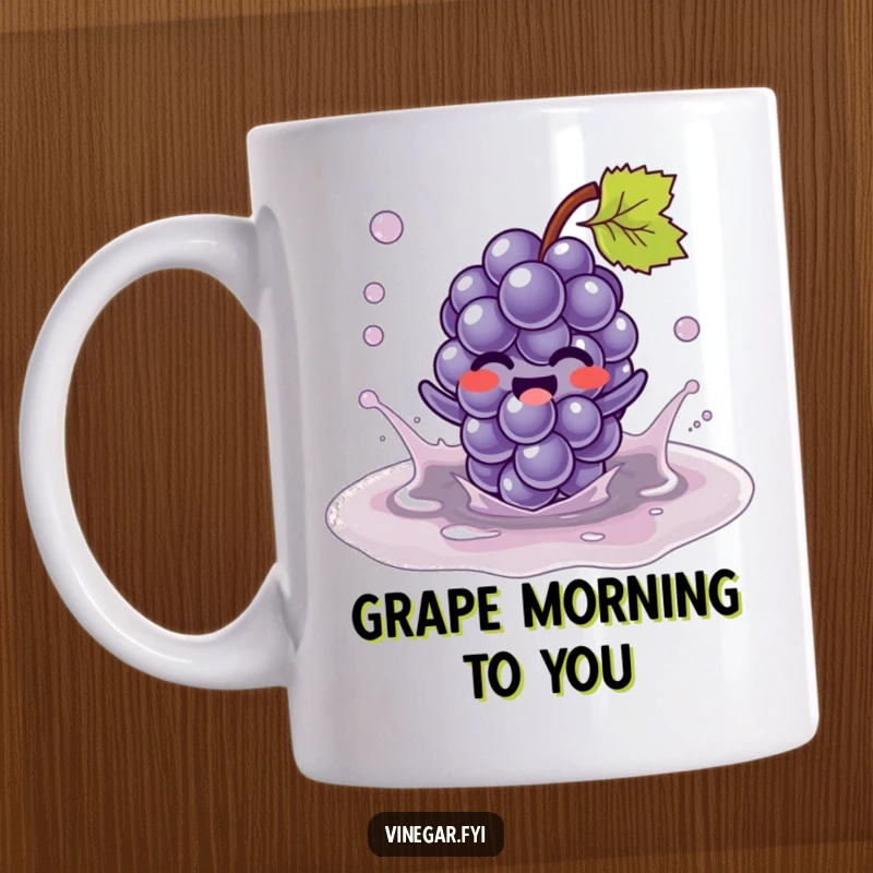 Funny Kawaii grape character, giggling with joy, splashing happily in a puddle of vinegar on this whimsical and funny mug. Fruity fun.