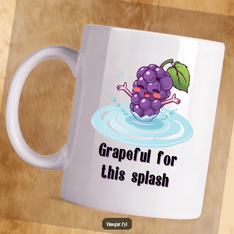 Funny purple grape mug showing a blushing grape with tiny arms excitedly splashing into translucent fluid.