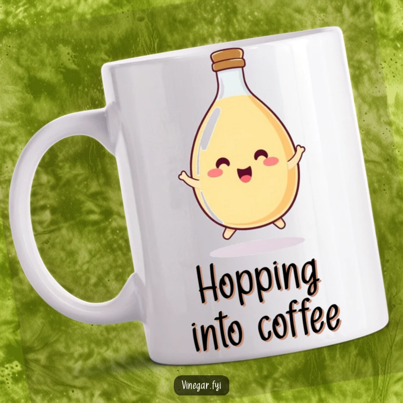 Funny, happy, round vinegar bottle gleefully doing a little hop, full of condiment-fueled joy.