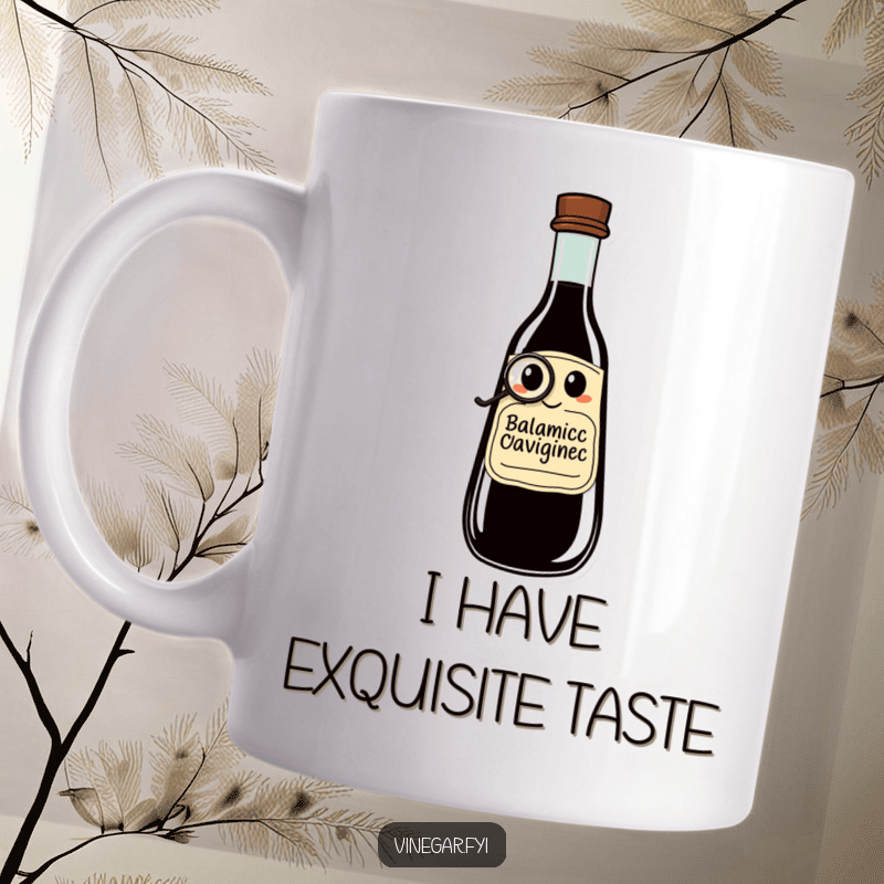 Enjoy your morning beverage with a touch of sophistication. This mug features a refined balsamic vinegar bottle sporting a monocle.