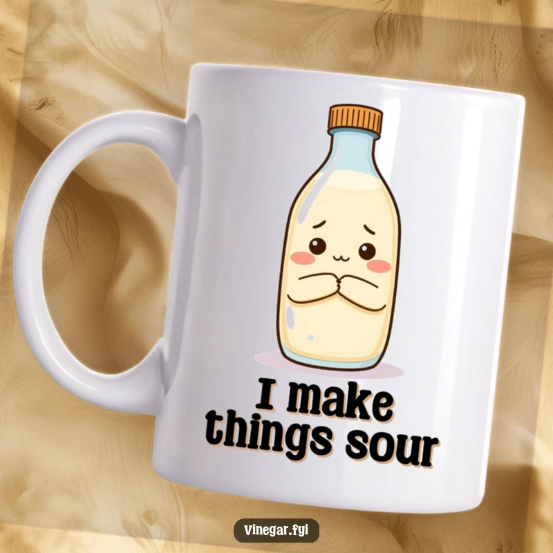 Funny mug featuring a cute vinegar bottle with arms crossed, looking unimpressed at milk, ready to judge your life choices.