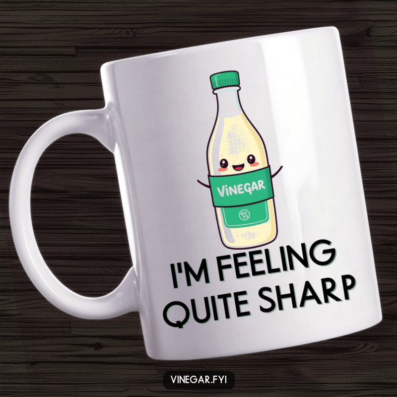 Start your day with a healthy dose of humor. This mug features a playful vinegar bottle character, complete with a health band, ready to inspire your wellness journey.