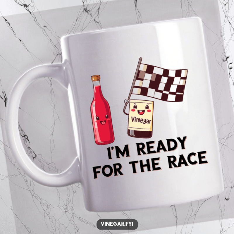 Start your day with a dash of excitement. This mug features a cheerful red wine vinegar bottle waving a checkered flag.