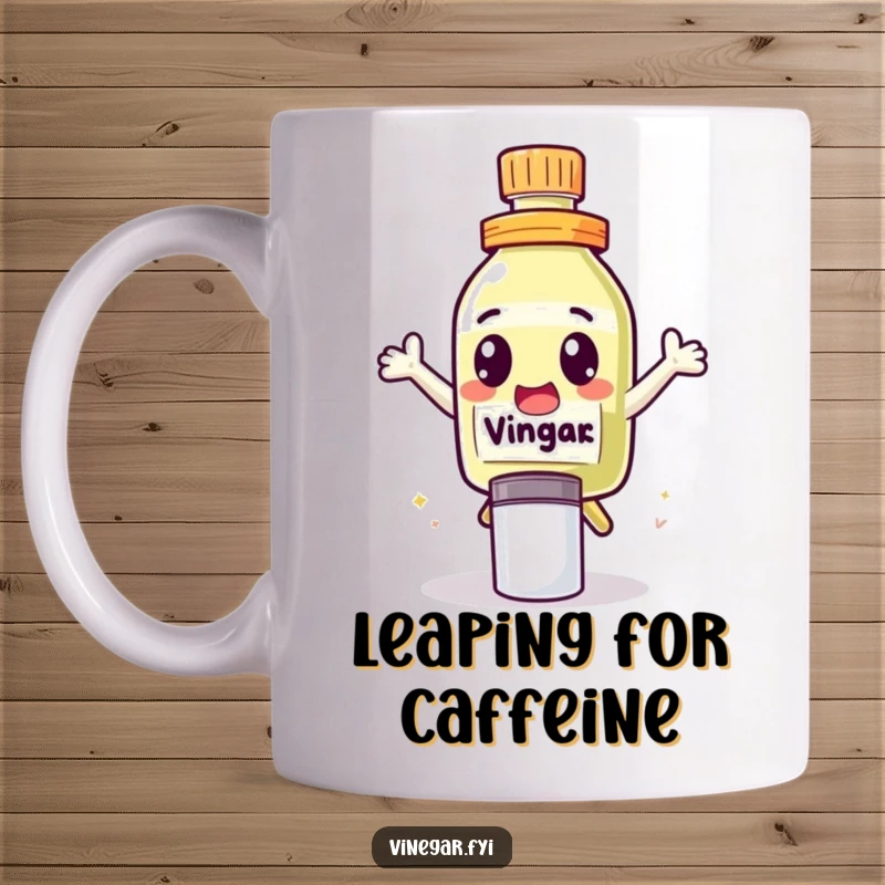 Funny Mug featuring a cute vinegar bottle character with wide, excited eyes leaping energetically over a salt shaker.