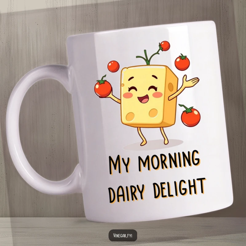Funny mug showcasing a cheerful cheese cube expertly juggling bright red cherry tomatoes with a playful expression.