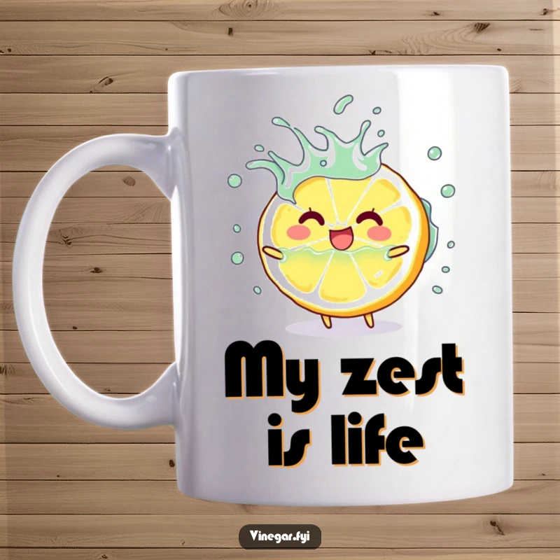 Funny happy lemon slice character playfully splashing vinegar, citrus lover funny gift mug.