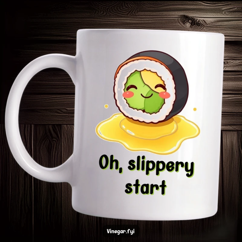 Funny mug depicting a smiling sushi roll comically slipping on a puddle of spilled vinegar. A humorous and relatable food moment.