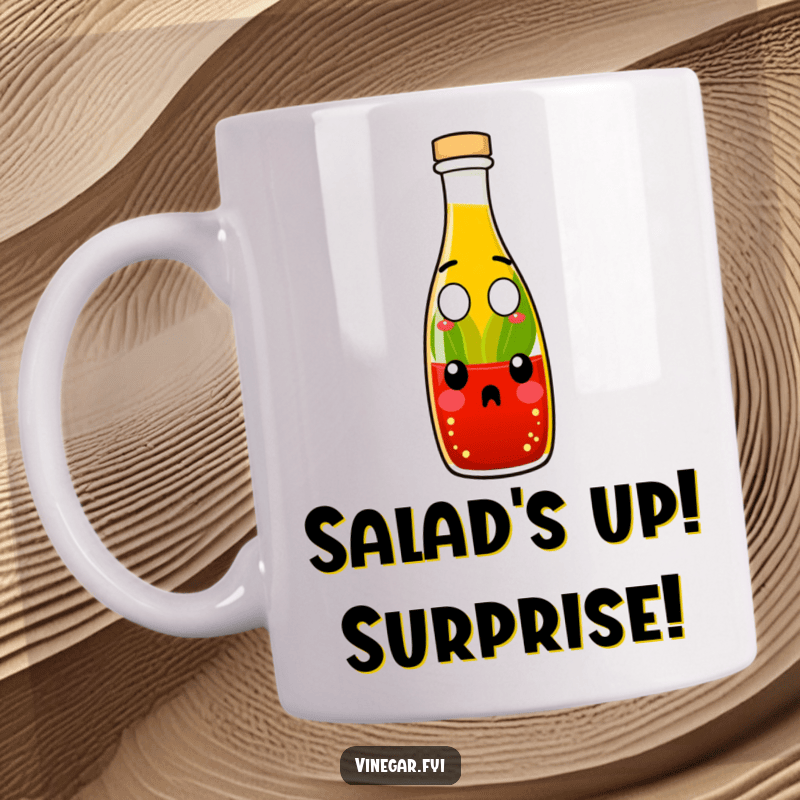 This mug captures the surprise of salad dressing with a wide-eyed expression. It's a fun addition to your kitchen.