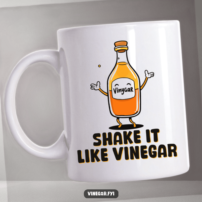 This mug showcases a cute vinegar bottle character performing a silly dance. It's a fun and playful design.