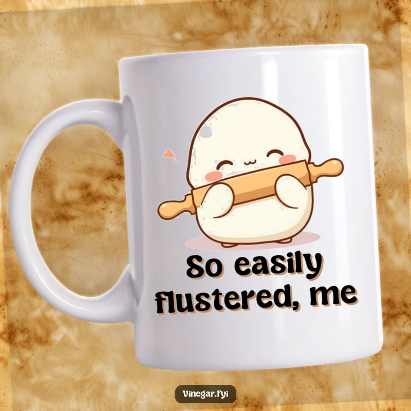Funny mug featuring a shy dumpling blushing and peeking from behind a miniature rolling pin, showcasing its bashful culinary charm.
