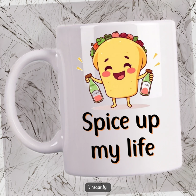 Funny mug showing a happy taco comically juggling three small bottles of vinegar. A vibrant and humorous food illustration.