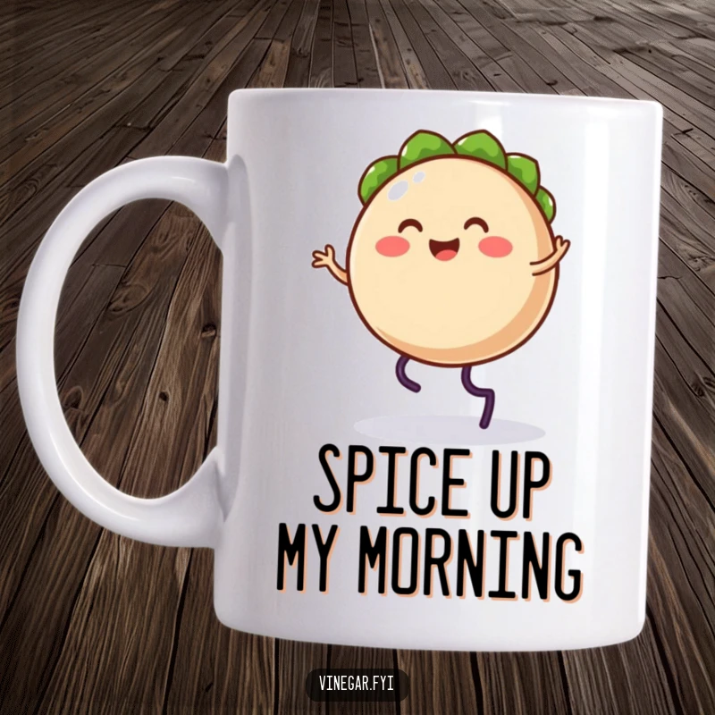 Funny mug with a happy, round taco character with legs doing a joyful, silly jig, spreading festive vibes.