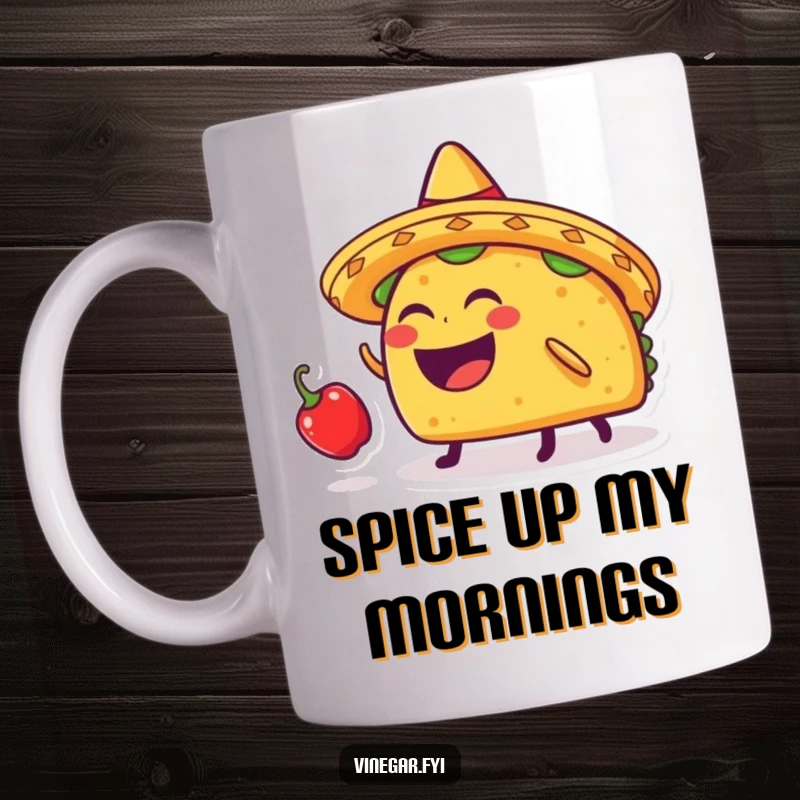 Funny laughing taco character wearing a sombrero, balancing a tiny chili pepper on its head, making it a hilarious mug design.