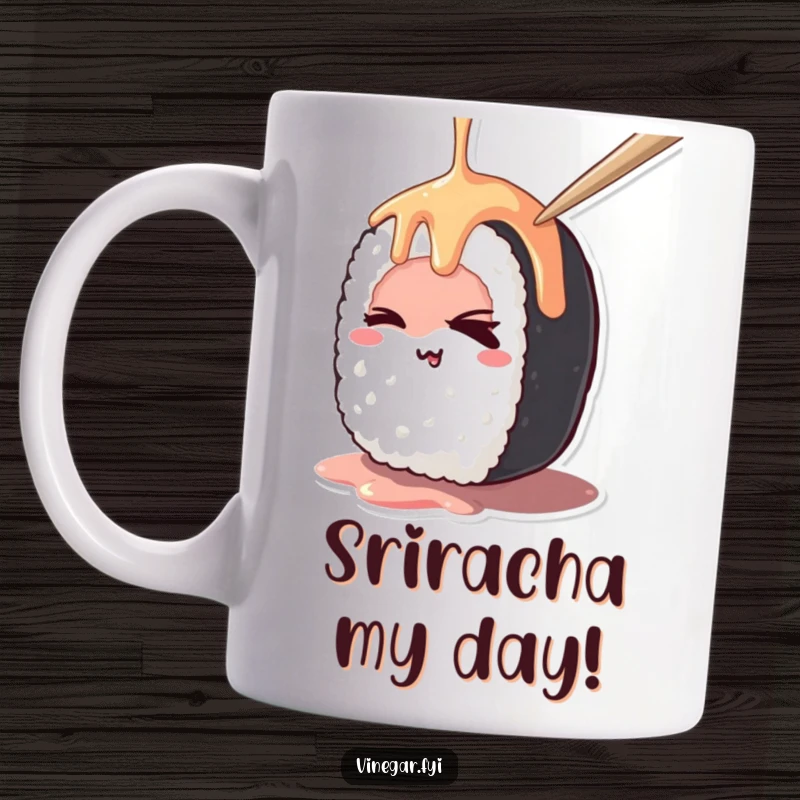 Funny kawaii sushi roll mischievously winking while being drizzled with sauce on a mug, a playful and funny gift idea.